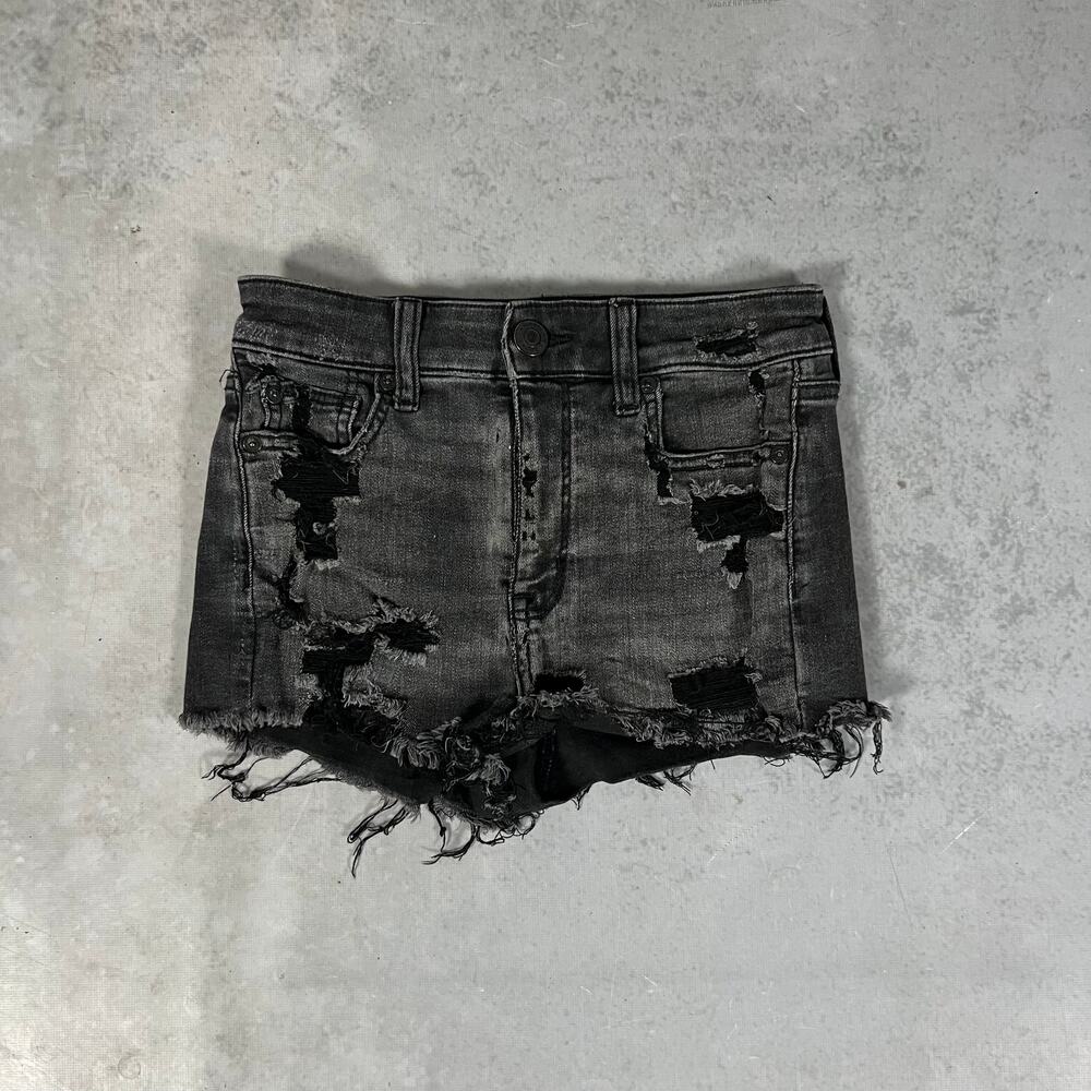 American Eagle Hi-Rise Shortie Women's Distressed Black Shorts Stretch Size 2